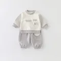 Infant two-piece cotton set with bear embroidery sweatshirt and grey striped sleeves - 73cm / Smog Gray