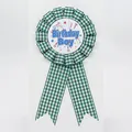 Birthday Boy award ribbon badge with green gingham pattern and blue center text - Boy Style(024) / Dark Green