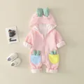 Pink waffle knit hooded baby romper with cute cactus pockets and 3D ear accents - 73cm / Pink