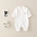 Newborn long sleeve white textured cotton romper with sailboat embroidery and buttons - White / 66cm