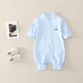 Light blue newborn cotton long sleeve romper with boat embroidery and snap buttons - Light Blue