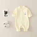 Newborn baby soft cotton yellow long sleeve romper with sailboat embroidery detail - Beige / 73cm