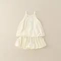 Conjunto de verano para niña en color crema con lazos y top con bajo abullonado - 80cm / Marfil