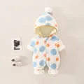 Baby Winter-Strampler aus weißem Lammvlies mit blauen Punkten und Bommelkapuze - Blau