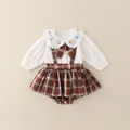 Mädchen Vintage Set aus rotem Karokleid und weißer Bluse mit Blumenstickerei - Rot / 73cm