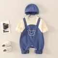 Baby jongen katoenen kruippakje voor lente met berenprint en tuinbroek look - 66cm / Set / Blauw