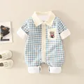 Tutina per neonato in cotone a quadretti con ricamo orsetto e colletto polo giallo - Blu Chiaro Doppio Strato / 66CM