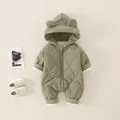 Sage green hooded baby romper with bear ears and quilted diamond pattern - 66cm / Light Green