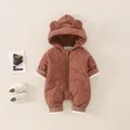 Quilted baby winter romper in brown with cute bear ears and ribbed windproof cuffs - 73cm / Brick Red