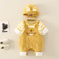 Yellow corduroy baby tiger romper with hat set, featuring embroidery and striped sleeves - 73 / Yellow