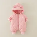 Pink quilted baby hooded romper with ear details and fleece trim for winter warmth - 73cm / Pink