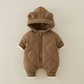 Brown diamond quilted baby hooded romper with bear ears and warm fleece lining - Light Khaki