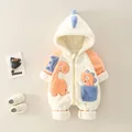 Off-white dinosaur baby romper with orange sleeves and warm plush fleece fabric - 100cm / Orange
