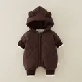 Dark brown quilted baby hooded romper with bear ears and warm fleece lining - Dark Coffee