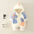 Thick warm baby dinosaur romper in beige and blue velvet with hooded spikes - 100cm / Blue