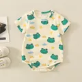 Short-sleeve baby cotton bodysuit with cute frog print and star patterns for summer - 73cm / Top And Bottom / Pullover / Beige (Frog Print)