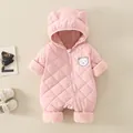Pink quilted infant hooded jumpsuit with cute bear ears for autumn and winter warmth - 66 / Pink
