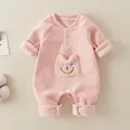 Pink fleece baby romper with cute cartoon bear pocket for boys and girls - Size 66 / Pink