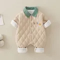 Tutina trapuntata beige per neonato con ricamo sorriso e colletto verde per l'inverno - 73 / Beige