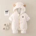 Off-white baby flanellen romper met berenoren op de capuchon en bijpassende schoenen - Maat 73 / Broken Wit