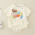 Short sleeve baby bodysuit in cream cotton with 3D animal patches and blue buttons - 24103 Rabbit Doll Triangle - Off-white / 90cm
