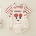 Body bébé à manches courtes rayé rouge avec patch animal mignon en coton pour l'été - 73cm / Style Faux Deux Pièces Ours-Blanc Cassé