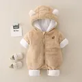 Warme babyromper van kaki flanel met berenborduursel en 3D-oren op de capuchon - Maat 73 / Bruin