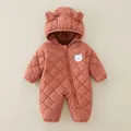 Quilted newborn hooded romper in brick red with cute bear patch and soft ears - 73 / Brick Red