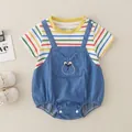 Barboteuse bébé à rayures et salopette en jean avec poche brodée d'un petit ours - 73cm / Bretelles Denim Rayées-Bleu