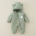 Pea green quilted winter romper for babies featuring a cute 3D bear ear hood and bear patch - Green / 73cm
