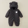 Infant winter quilted romper in black featuring bear ears hood and embroidery - Gray / 73cm