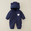 Dark blue hooded baby romper with bear embroidery and diamond quilting design - Navy Blue / 73cm