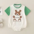 Short sleeve baby bodysuit in green and white cotton with cartoon bear print - 73cm / Large Head Bear Raglan-Green