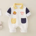 Long-sleeved baby cotton romper in cream and navy blue with cute bear smile print - 73 / Navy Blue