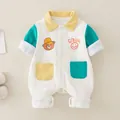 Baby cotton long sleeve romper with cartoon bear design in off-white and green colors - 66 / Green