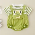 Barboteuse bébé à manches courtes rayée verte avec motif de grenouille pour l'été - 80cm / Style Faux Deux Pièces Prince Grenouille-Vert
