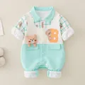 Infant romper in mint green plaid and white waffle knit with cute bear design - Green / 66cm