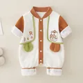 Baby cotton waffle knit romper in cream and brown with cute bear patch detail - 66 / Off White