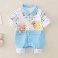 Infant long-sleeve waffle romper featuring a 3D plush bear and light blue knit contrast - Blue / 66cm