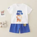 Kids NASA themed summer cotton set with white bear T-shirt and blue shorts on fabric background - W/B Bear Astronaut (2491)