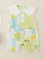Infant girl cotton romper with floral print, Peter Pan collar, and snap buttons - 66 / Green