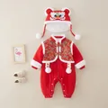 Roter Baby Winter Strampler Set mit Löwentanz Motiv und passender Mütze für Neujahr - 66cm / Jungen-Stil ohne Hut