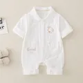 White short-sleeve baby romper in cotton seersucker with puppy embroidery and pockets - White / 66