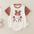Short sleeve baby bodysuit in cream and brown with a cute cartoon bear design - Brown / 66