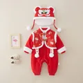Roter Baby Winter Strampler Set mit Löwentanz Hut und traditioneller Stickerei - 73cm / Mädchen-Stil ohne Hut