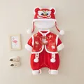 Traditionelles rotes Neujahrs-Baby-Strampler-Set mit Löwentanz-Mütze und Hasenmuster - 73cm / Mädchen-Stil mit Hut