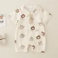 Pagliaccetto neonato in cotone a maniche corte beige con stampe di orsetti e papillon - 66 / Marrone