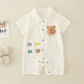 Tutina neonato bianco crema a maniche corte con ricamo orsetto per l'estate - 73cm / Bianco latte