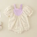 Floral baby bodysuit in pale yellow with purple heart patch and bubble sleeves - 66cm / Purple