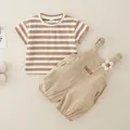 Conjunto de camiseta de algodón a rayas y pantalones de tirantes kaki para niña - 80 / Caqui